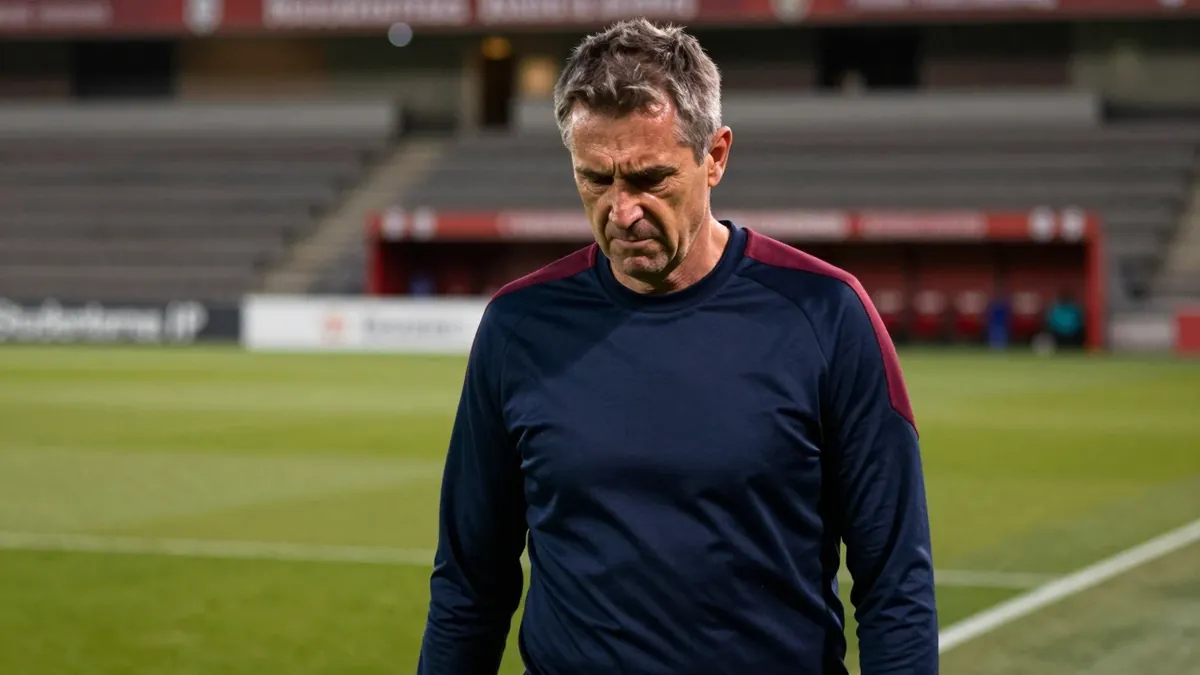 A 35-year-old, 5'10" male coach with a weathered face and graying hair, wearing a navy and claret plain, unmarked, cotton...