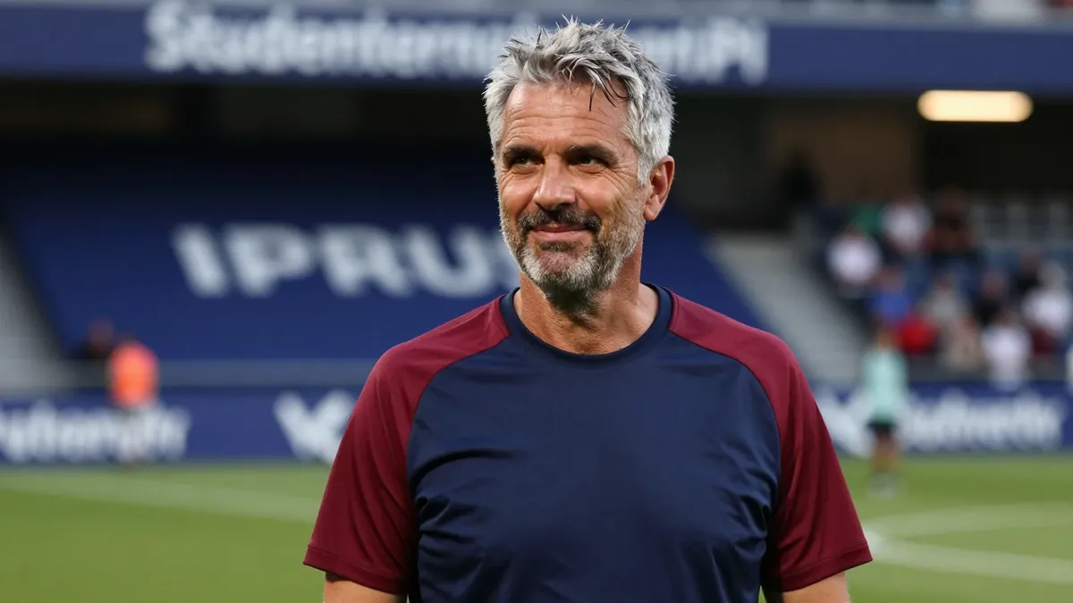 A medium shot of a 35-year-old, 5'11" Sirius coach, with a rugged, weathered complexion and a thick head of graying hair...