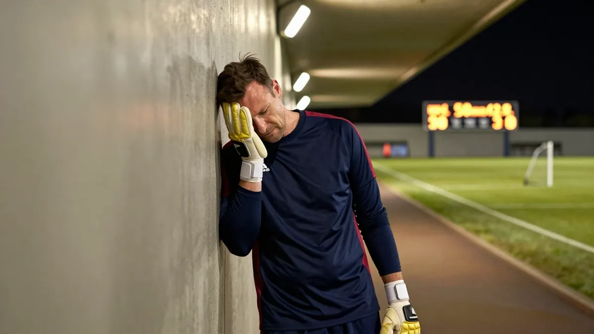 A 50-year-old, 5'10" goalkeeper, wearing a navy and claret plain polyester kit, stands with his head in his hands...