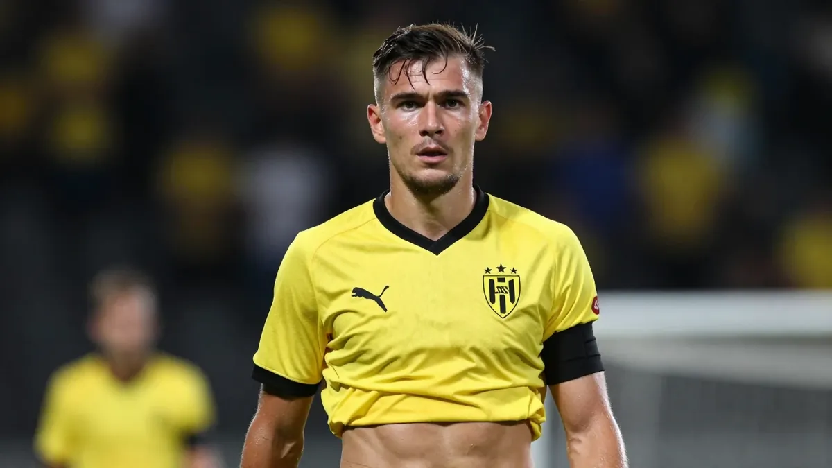 A tight action crop of a Hammarby player in a yellow and black kit, with a serious expression, looking directly at the...