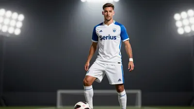 A photorealistic image of an anonymous Sirius player in a white jersey with blue sleeves and white shorts, with a blue...